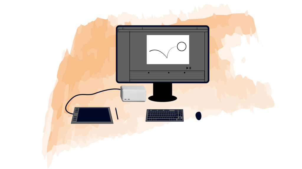 Grafik - PC mit Bildschirm Tastatur, Maus und Grafik Tablet. Am Bildschirm ist eine Animation eines Kreises zu sehen. Im Hintergrund ist ein oranger Akzent.