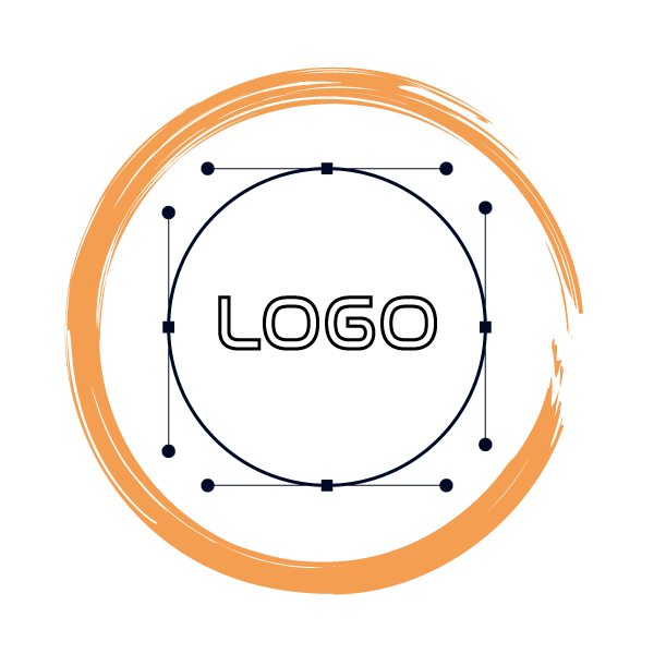 Grafik - Kreis mit Anfasser und dem Wort "LOGO" in einem orangen Kreis