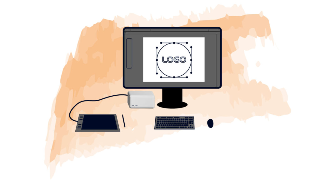 Grafik - PC mit Bildschirm Tastatur, Maus und Grafik Tablet. Am Bildschirm ist ein Kreis mit Anfassern und das Wort "Logo" zu sehen. Im Hintergrund ist ein oranger Akzent.