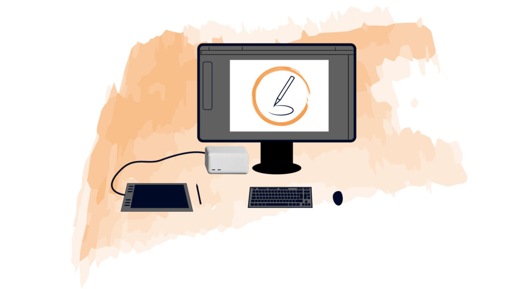 Grafik - PC mit Bildschirm Tastatur, Maus und Grafik Tablet. Am Bildschirm ist ein Stift, der einen Kreis malt und ein oranger Kreis zu sehen. Im Hintergrund ist ein oranger Akzent.