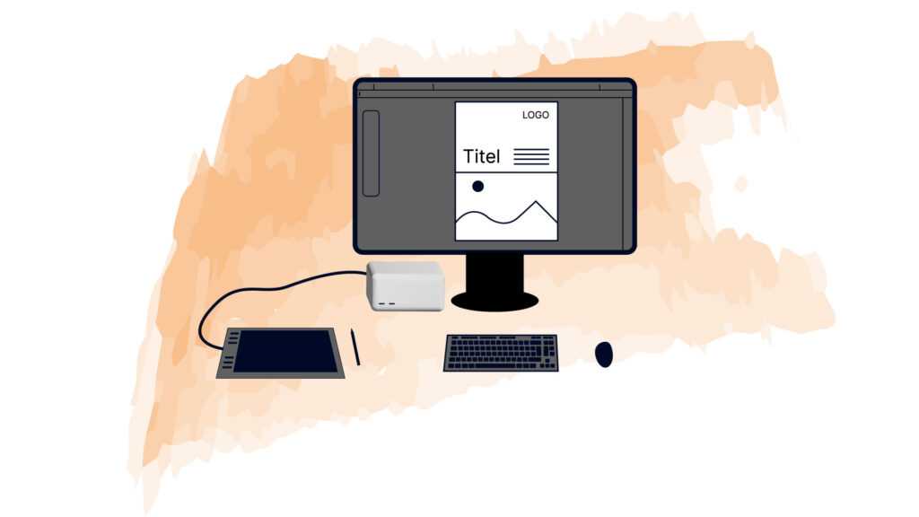 Grafik - PC mit Bildschirm Tastatur, Maus und Grafik Tablet. Am Bildschirm ist ein Folder zu sehen. Im Hintergrund ist ein oranger Akzent.