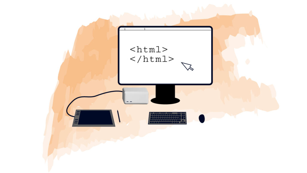 Grafik - PC mit Bildschirm Tastatur, Maus und Grafik Tablet. Am Bildschirm ist ein leerer HTML-Code und ein Cursor zu sehen. Im Hintergrund ist ein oranger Akzent.