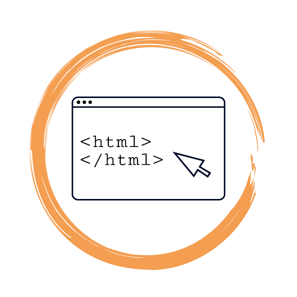 Grafik - Browserfenster mit leerem HTML-Code und einem Cursor in einem orangen Kreis