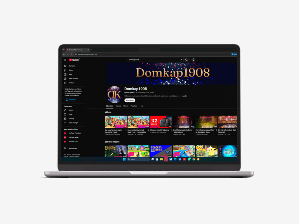 Laptop mit dem YouTubekanal vom Content Creator "Domkap1908"